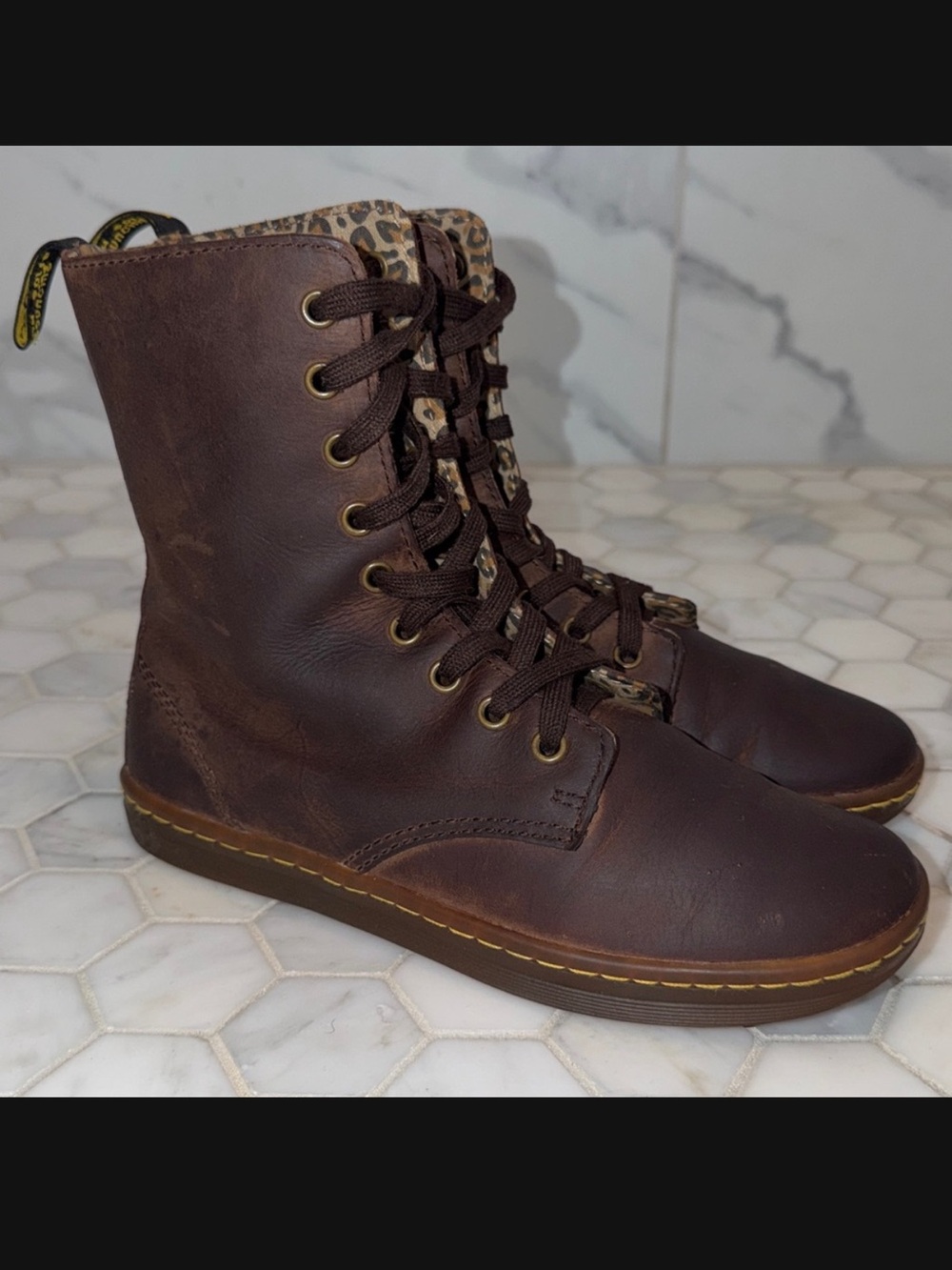 Dr. Martens Stratford Fold Over Leopard Leather Lace Up Combat Boots Women’s 7
